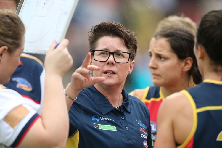 BEC GODDARD, Senior Coach of the Crows during the 2017 AFLW match between the Adelaide Crows and the GWS Giants at Thebarton Oval in Adelaide, Australia. BEC GODDARD, Senior Coach of the Crows during the 2017 AFLW match between the Adelaide Crows and the GWS Giants at Thebarton Oval in Adelaide, Australia.