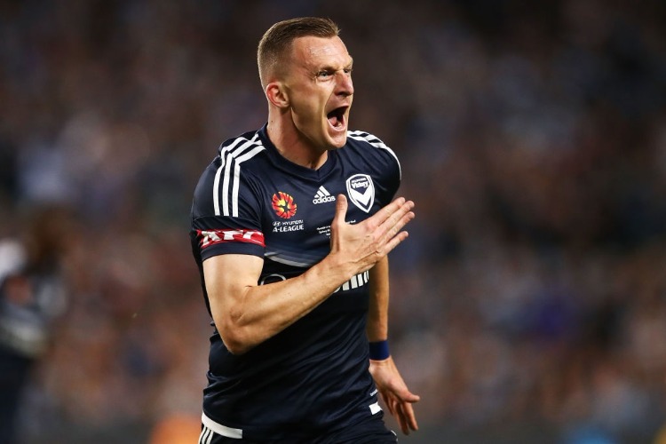 BESART BERISHA of the Victory celebrates after scoring a goal during the 2017 A-League Grand Final match between Sydney FC and the Melbourne Victory at Allianz Stadium in Sydney, Australia.