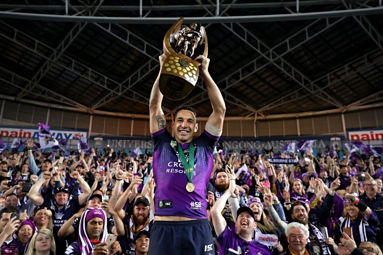 BILLY SLATER of the Storm celebrates after winning the 2017 NRL Grand Final match at ANZ Stadium in Sydney, Australia.