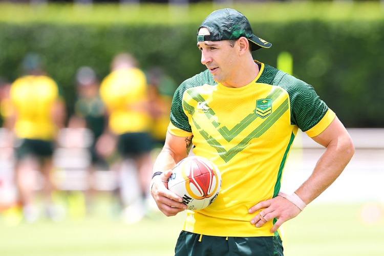 BILLY SLATER looks on during the Australian Kangaroos Rugby League World Cup training session at Langlands Park in Brisbane, Australia.