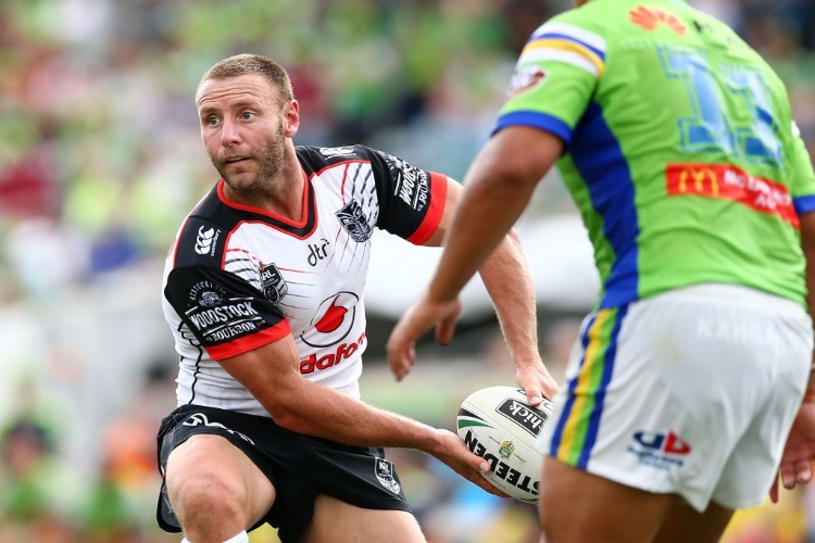 BLAKE GREEN of the Warriors looks to pass during the NRL match between the Canberra Raiders and the New Zealand Warriors at GIO Stadium in Canberra, Australia.