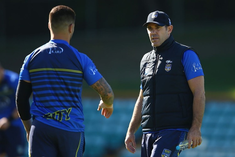 Nathan Peats speaks to City coach BRAD FITTLER during a City NSW Origin training session at Leichhardt Oval in Sydney, Australia.