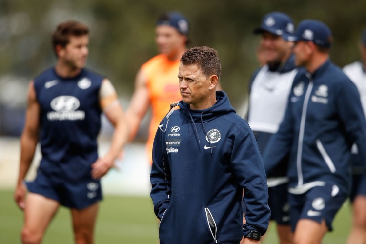 Blues coach BRENDON BOLTON looks on during a Carlton Blues AFL Media Opportunity at Highgate Reserve in Melbourne, Australia.