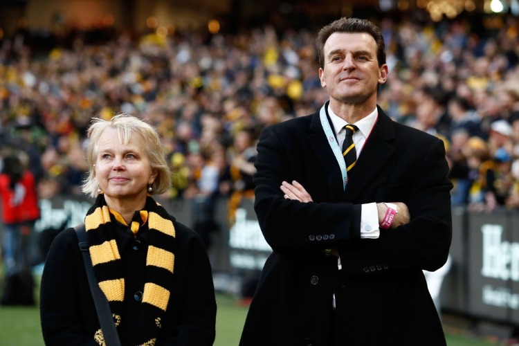 BRENDON GALE, CEO of the Tigers and PEGGY O'NEALE, President of the Tigers look on during the Toyota AFL match between the Adelaide Crows and the Richmond Tigers at the MCG in Melbourne, Australia.