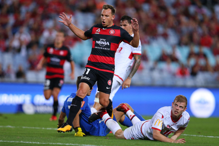 BRENDON SANTALAB of the Wanderers reacts during the A-League match between the Western Sydney Wanderers and Adelaide United at ANZ Stadium in Sydney, Australia.