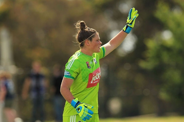 Victory Keeper BRIANNA DAVEY signals to her teammates during the W-League match between Melbourne Victory and Newcastle Jets at Kingston Heath Soccer Complex in Melbourne, Australia.