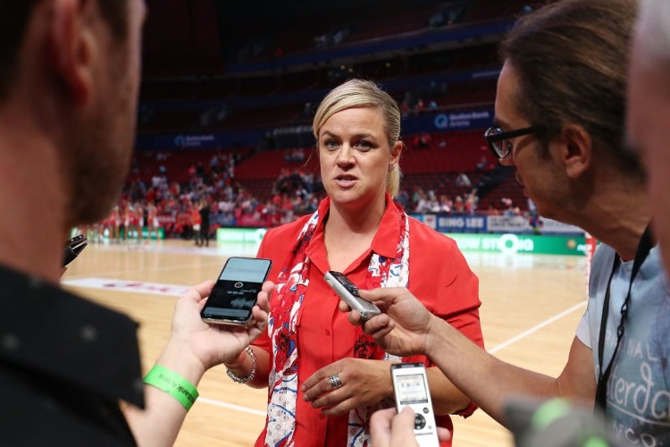 Swifts Head Coach BRIONY AKLE is interviewed after the Super Netball match between NSW Swifts and Queensland Firebirds at Qudos Bank Arena in Sydney, Australia.