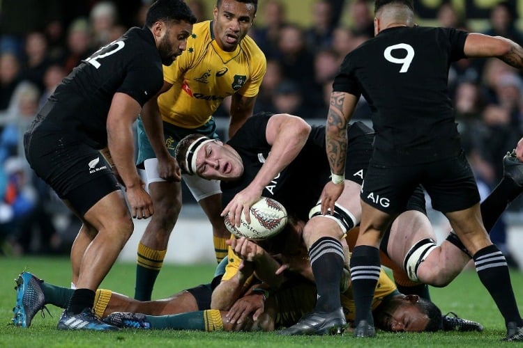 BRODIE RETALLICK of the All Blacks tries to clear the ball during The Rugby Championship Bledisloe Cup match between the New Zealand All Blacks and the Australia Wallabies at Forsyth Barr Stadium in Dunedin, New Zealand.