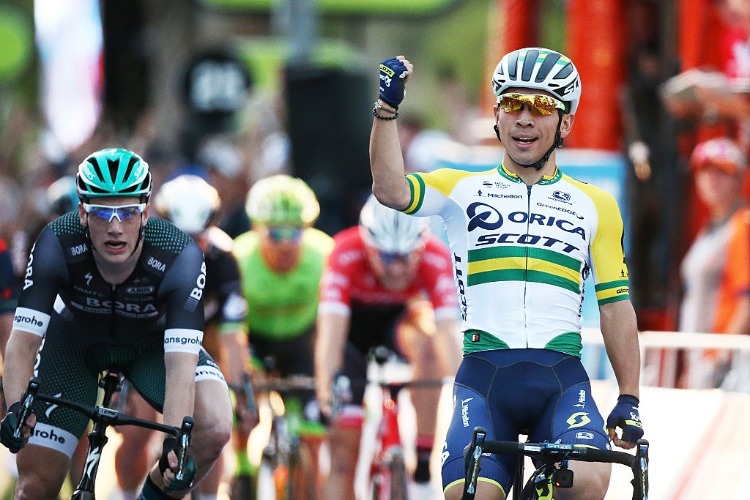 Australian cyclist CALEB EWAN of the Orica - Scott team celebrates after winning the People's Choice Classic street race in Adelaide, Australia.