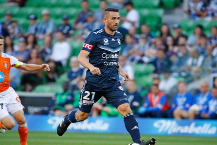 CARL VALERI of the Victory controls the ball during the A-League match between the Melbourne Victory and the Brisbane Roar at AAMI Park in Melbourne, Australia.