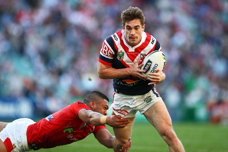 CONNOR WATSON of the Roosters runs the ball during the NRL match between the Sydney Roosters and the St George Illawarra Dragons at Allianz Stadium in Sydney, Australia.