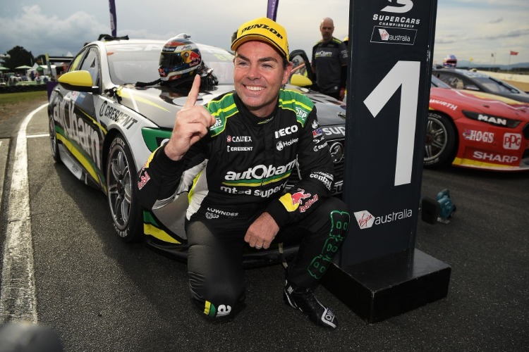 Race winner CRAIG LOWNDES driver of the #888 Autobarn Lowndes Racing Holden Commodore ZB celebrates after race 2 for the Supercars Tasmania SuperSprint in Hobart, Australia.