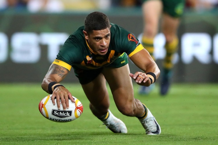 DANE GAGAI of the Kangaroos scores a try during the 2017 Rugby League World Cup Semi Final match between the Australian Kangaroos and Fiji at Suncorp Stadium in Brisbane, Australia.
