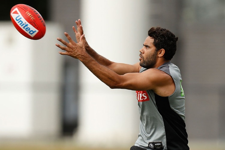 DANIEL WELLS of the Magpies in action during the Collingwood Magpies training session at Olympic Park Oval in Melbourne, Australia.