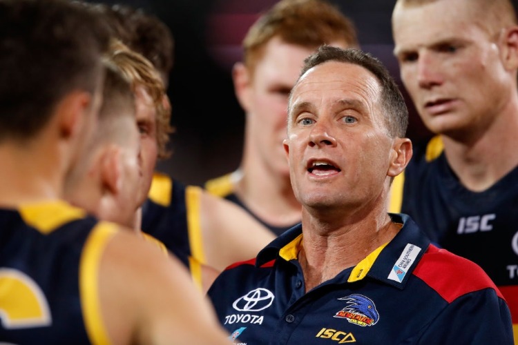 DON PYKE, Senior Coach of the Crows addresses his players during the 2017 AFL First Preliminary Final match between the Adelaide Crows and the Geelong Cats at Adelaide Oval in Adelaide, Australia.