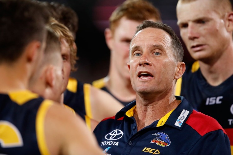 DON PYKE, Senior Coach of the Crows addresses his players during the 2017 AFL First Preliminary Final match between the Adelaide Crows and the Geelong Cats at Adelaide Oval in Adelaide, Australia. DON PYKE, Senior Coach of the Crows addresses his players during the 2017 AFL First Preliminary Final match between the Adelaide Crows and the Geelong Cats at Adelaide Oval in Adelaide, Australia.