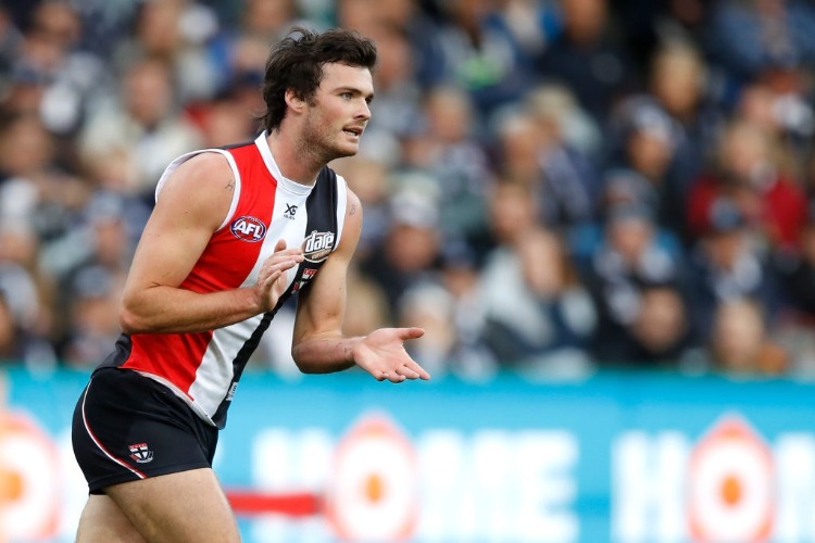 DYLAN ROBERTON of the Saints celebrates a goal during the 2018 AFL match between the Geelong Cats and the St Kilda Saints at GMHBA Stadium in Geelong, Australia. DYLAN ROBERTON of the Saints celebrates a goal during the 2018 AFL match between the Geelong Cats and the St Kilda Saints at GMHBA Stadium in Geelong, Australia.