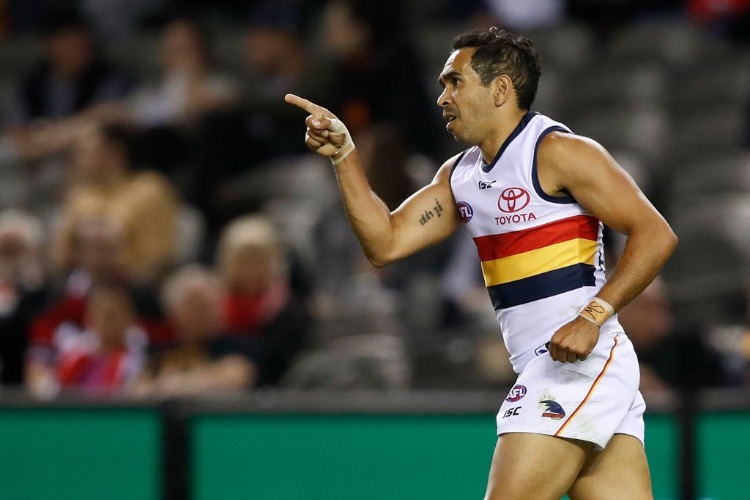 EDDIE BETTS of the Crows celebrates a goal during the 2018 AFL match between the St Kilda Saints and the Adelaide Crows at Etihad Stadium in Melbourne, Australia.