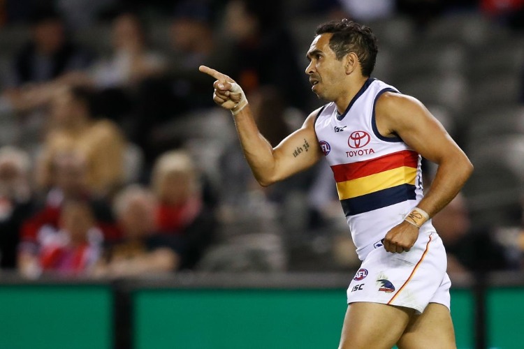 EDDIE BETTS of the Crows celebrates a goal during the 2018 AFL match between the St Kilda Saints and the Adelaide Crows at Etihad Stadium in Melbourne, Australia. EDDIE BETTS of the Crows celebrates a goal during the 2018 AFL match between the St Kilda Saints and the Adelaide Crows at Etihad Stadium in Melbourne, Australia.