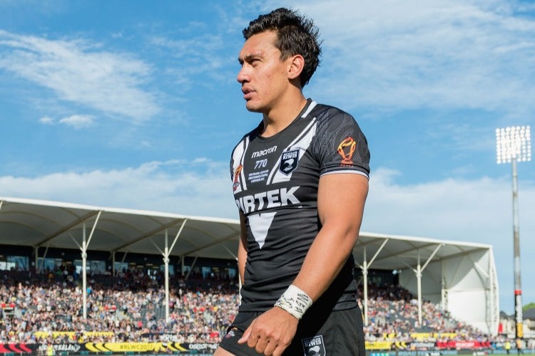 ELIJAH TAYLOR of the Kiwis looks on during the Rugby League World Cup match between the New Zealand Kiwis and Scotland at AMI Stadium,