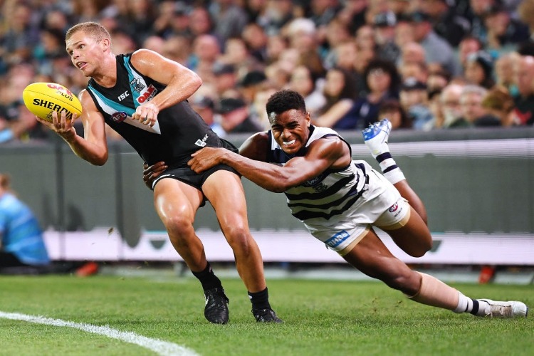 ESAVA RATUGOLEA of the Cats tackles Tom Clurey of Port Adelaide during the AFL match between the Port Adelaide Power and the Geelong Cats at Adelaide Oval in Adelaide, Australia.