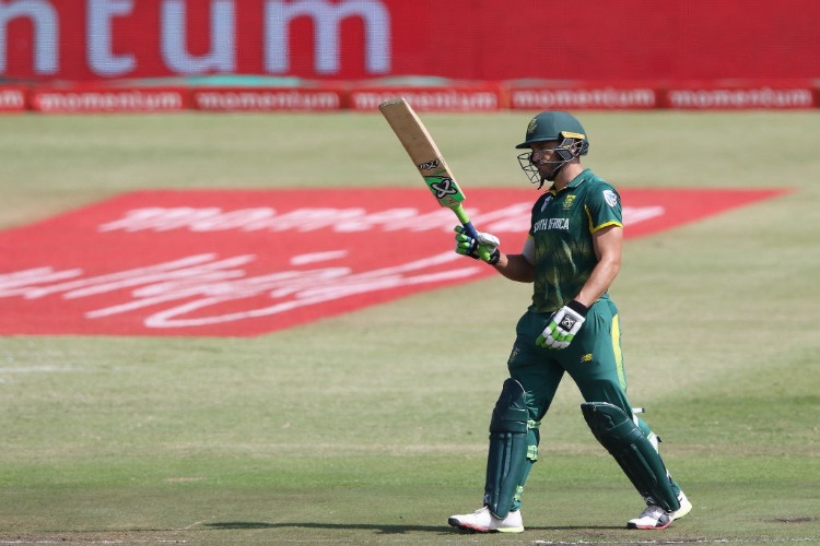 FAF DU PLESSIS celebrates reaching a half century the 1st Momentum ODI match between South Africa and India at Sahara Stadium Kingsmead in Durban, South Africa.