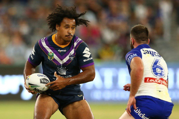 FELISE KAUFUSI of the Storm runs the ball during the NRL match between the Canterbury Bulldogs and the Melbourne Storm at Optus Stadium in Perth, Australia.