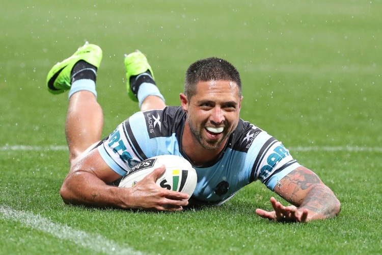 GERARD BEALE of the Sharks scores a try which was disallowed during the NRL match between the Melbourne Storm and the Cronulla Sharks at AAMI Park in Melbourne, Australia.