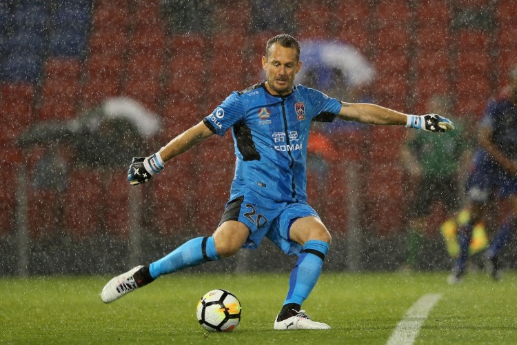 GLEN MOSS of the Jet kicks out from goal during the A-League match between the Newcastle Jets and Melbourne City at McDonald Jones Stadium in Newcastle, Australia. GLEN MOSS of the Jet kicks out from goal during the A-League match between the Newcastle Jets and Melbourne City at McDonald Jones Stadium in Newcastle, Australia.