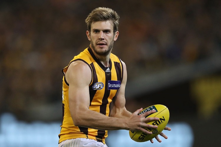 GRANT BIRCHALL of the Hawks controls the ball during the AFL match between the Richmond Tigers and the Hawthorn Hawks at MCG in Melbourne, Australia.