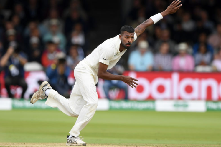 India bowler HARDIK PANDYA in action during Day 3 of the 2nd Test Match between England and India at Lord's Cricket Ground in London, England.