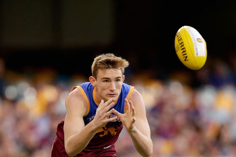 HARRIS ANDREWS of the Lions marks the ball during the AFL match between the Brisbane Lions and the Fremantle Dockers at The Gabba in Brisbane, Australia.