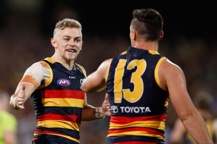 Taylor Walker of the Crows (right) celebrates a goal with HUGH GREENWOOD of the Crows during the AFL First Preliminary Final match between the Adelaide Crows and the Geelong Cats at AO in Adelaide, Australia.