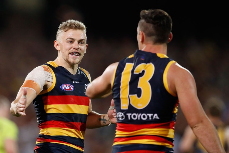Taylor Walker of the Crows (right) celebrates a goal with HUGH GREENWOOD of the Crows during the AFL First Preliminary Final match between the Adelaide Crows and the Geelong Cats at AO in Adelaide, Australia. Taylor Walker of the Crows (right) celebrates a goal with HUGH GREENWOOD of the Crows during the AFL First Preliminary Final match between the Adelaide Crows and the Geelong Cats at AO in Adelaide, Australia.