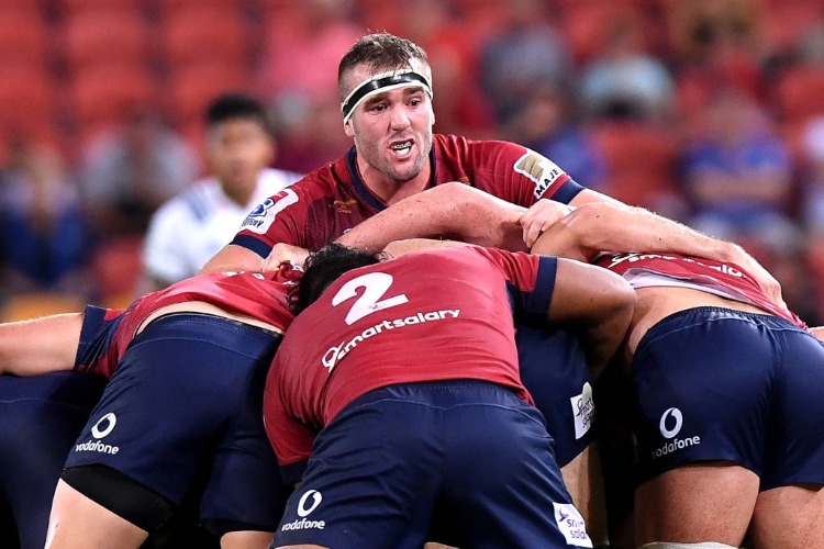 IZACK RODDA of the Reds in the scrum during the Super Rugby match between the Reds and the Chiefs at Suncorp Stadium in Brisbane, Australia.