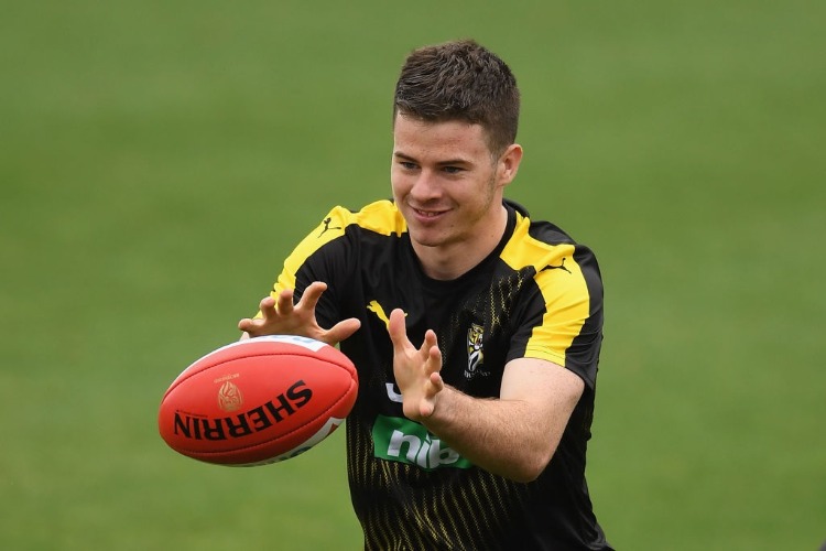 JACK HIGGINS of the Tigers marks during a Richmond Tigers AFL pre-season training session at Swinburne Oval in Melbourne, Australia.