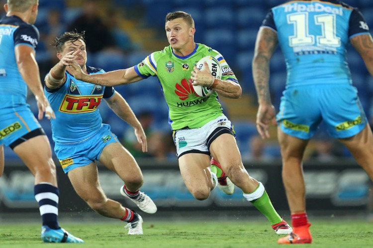 JACK WIGHTON of the Raiders runs with the ball during the NRL match between the Gold Coast Titans and the Canberra Raiders at Cbus Super Stadium in Gold Coast, Australia. JACK WIGHTON of the Raiders runs with the ball during the NRL match between the Gold Coast Titans and the Canberra Raiders at Cbus Super Stadium in Gold Coast, Australia.