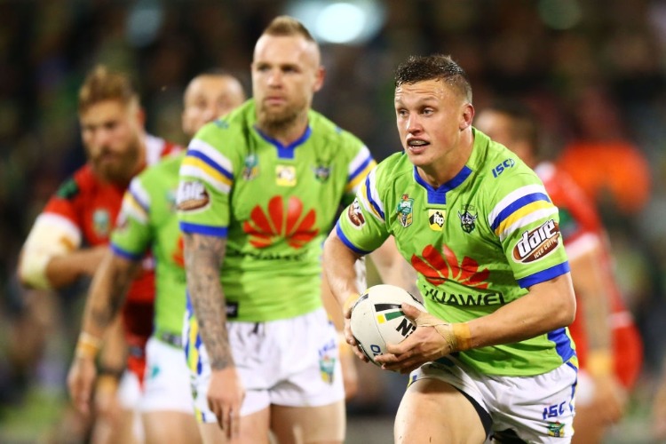 JACK WIGHTON of the Raiders runs the ball during the NRL match between the Canberra Raiders and the St George Illawarra Dragons at GIO Stadium in Canberra, Australia.