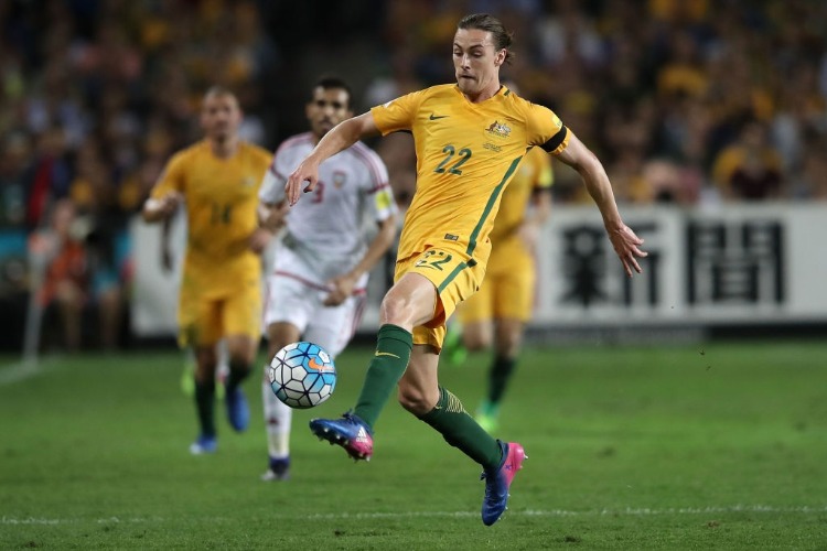 JACKSON IRVINE of the Socceroos controls the ball during the FIFA World Cup Qualifier match between the Australian Socceroos and United Arab Emirates at Allianz Stadium in Sydney, Australia.