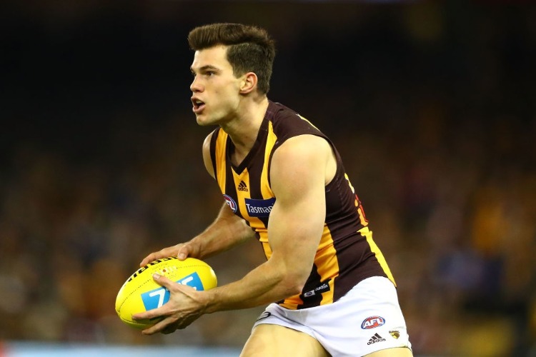 JAEGER O'MEARA of the Hawthorn Hawks runs with the ball during the AFL match between the Carlton Blues and the Hawthorn Hawks at Etihad Stadium in Melbourne, Australia.