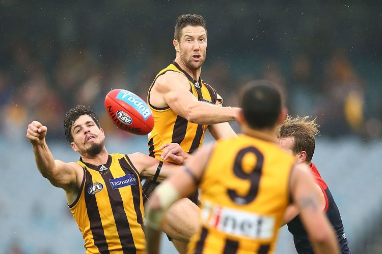 JAMES FRAWLEY of the Hawks competes for the ball during the AFL match between the Hawthorn Hawks and Melbourne Demons at MCG in Melbourne, Australia.