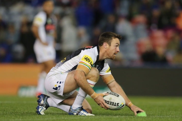 JAMES MALONEY of the Panthers lines up for a conversion during the NRL match between the Newcastle Knights and the Penrith Panthers at McDonald Jones Stadium in Newcastle, Australia.