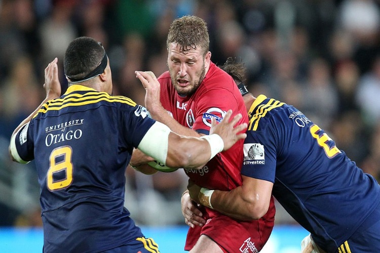 JAMES SLIPPER of the Reds on the attack during the round three Super Rugby match between the Highlanders and the Reds at Forsyth Barr Stadium in Dunedin, New Zealand.