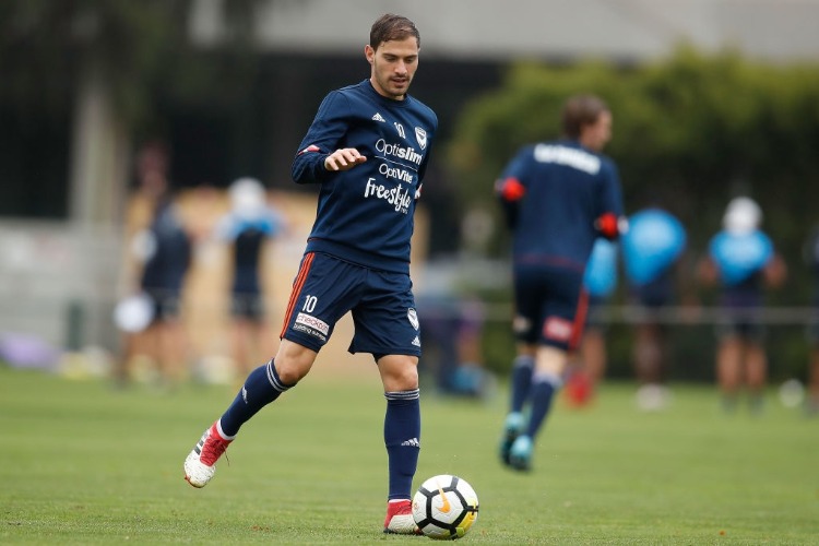 JAMES TROISI of the Victory controls the ball during a Melbourne Victory A-League training session at Gosch's Paddock in Melbourne, Australia. JAMES TROISI of the Victory controls the ball during a Melbourne Victory A-League training session at Gosch's Paddock in Melbourne, Australia.