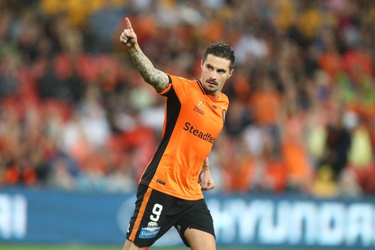 JAMIE MACLAREN of the Roar celebrates after scoring in the penalty shootout during the A-League Elimination Final match between the Brisbane Roar and the Western Sydney Wanderers at Suncorp Stadium in Brisbane, Australia.