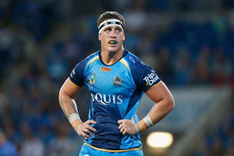 JARROD WALLACE of the Titans looks dejected during the NRL match between the Gold Coast Titans and the Canberra Raiders at Cbus Super Stadium in Gold Coast, Australia.