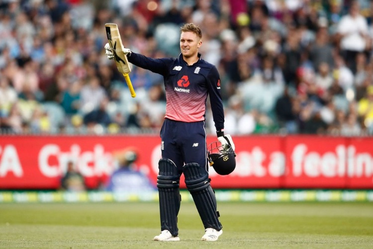JASON ROY of England celebrates reaching his century during the One Day International Series between Australia and England at MCG in Melbourne, Australia.