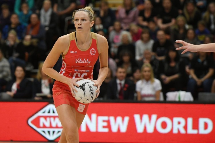 JOANNE HARTEN of England during the International Test match between the New Zealand Silver Ferns and the England Roses at Pettigrew Green Arena in Napier, New Zealand.