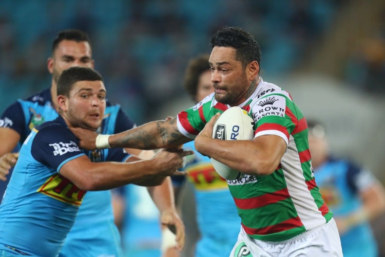 JOHN SUTTON of the Rabbitohs makes a break during the NRL match between the Gold Coast Titans and the South Sydney Rabbitohs at Cbus Super Stadium in Gold Coast, Australia. JOHN SUTTON of the Rabbitohs makes a break during the NRL match between the Gold Coast Titans and the South Sydney Rabbitohs at Cbus Super Stadium in Gold Coast, Australia.