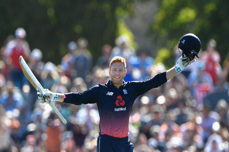 England batsman JONNY BAIRSTOW celebrates his century during the 5th ODI between New Zealand and England at Hagley Oval in Christchurch, New Zealand.